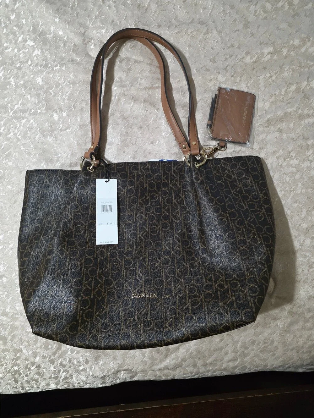 Calvin Klein Dark Brown Monogram Tote with Tan Trim